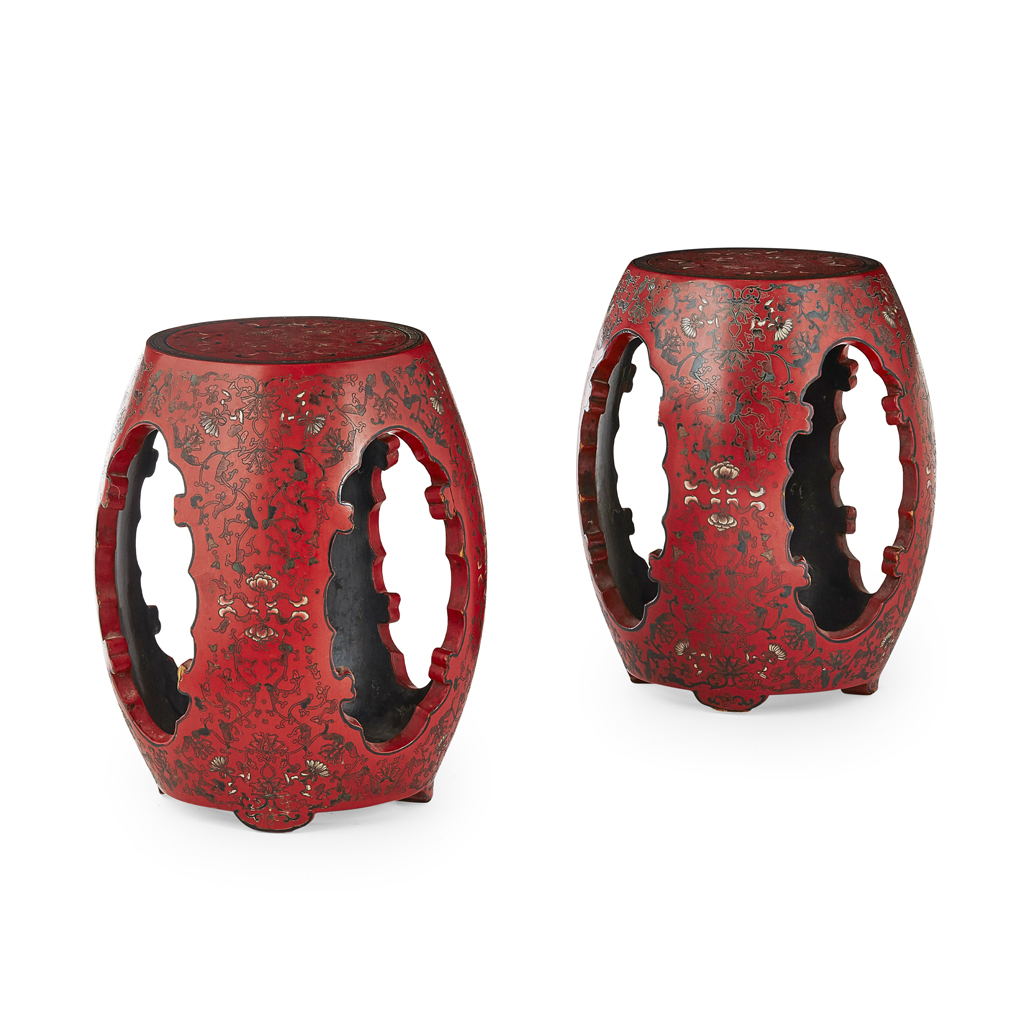 Appraisal: PAIR OF RED LACQUER STOOLS REPUBLIC PERIOD of open barrell