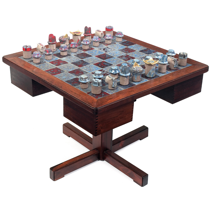 Appraisal: Mogens Lund chess table Denmark rosewood blue and green inset