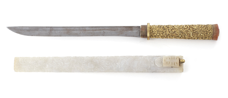 Appraisal: Rare Imperial Chinese gilt-bronze knife in carved white jadeite scabbard