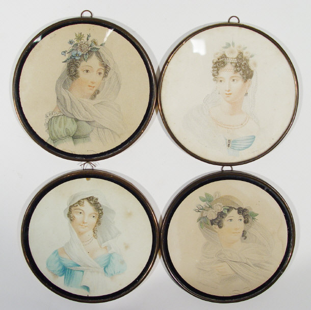 Appraisal: Four Victorian circular French portrait prints of young women with