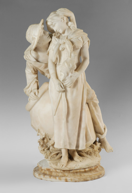 Appraisal: LARGE ALABASTER SCULPTURE OF AMOROUS YOUNG COUPLE Late th Early