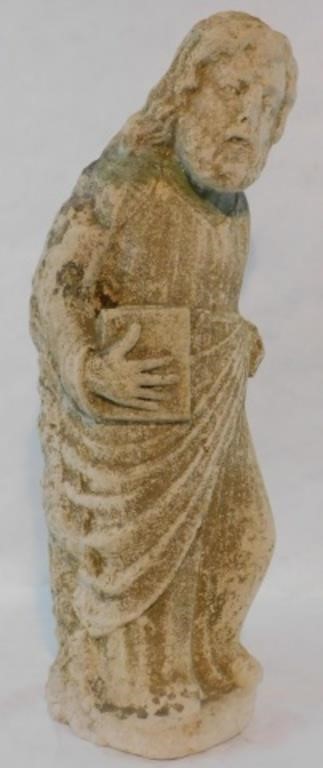 Appraisal: EARLY TH CENTURY CARVED STONE MALE FIGURE holding a tablet