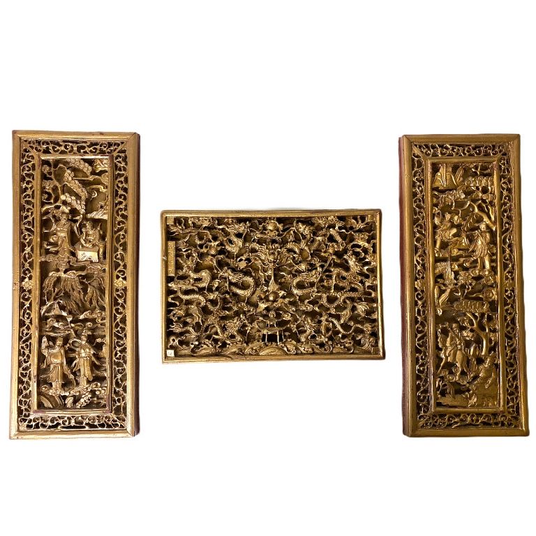 Appraisal: Three Chinese Wooden Carved Dragon Panels Three Chinese Wooden Carved