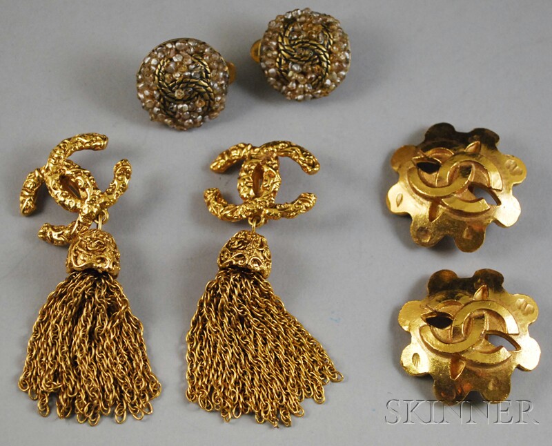 Appraisal: Three Pairs of Chanel Gold-tone Earclips all featuring the double-C