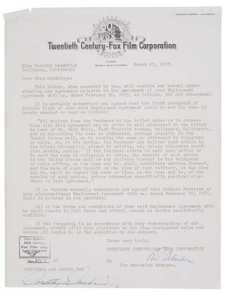 Appraisal: DOROTHY DANDRIDGE Group of typed letters signed by Dandridge amending