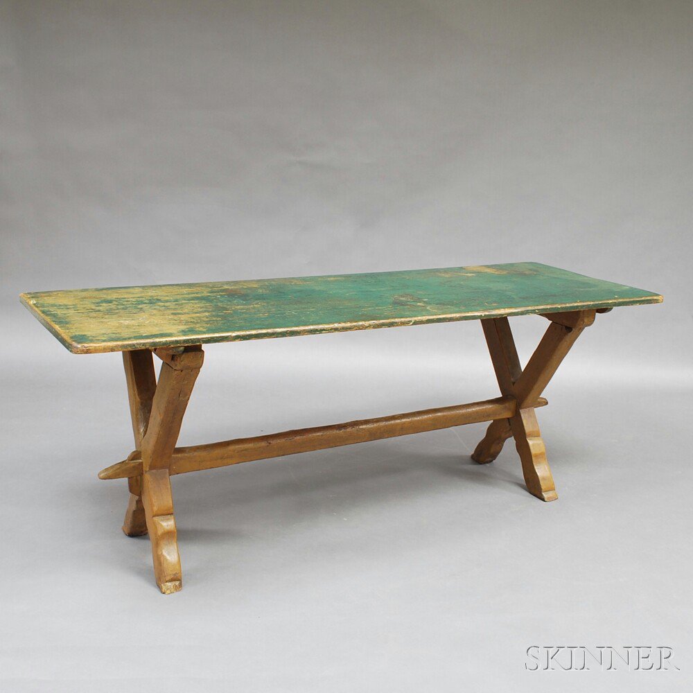 Appraisal: Scandinavian Green-painted Pine Trestle Table th century ht wd dp