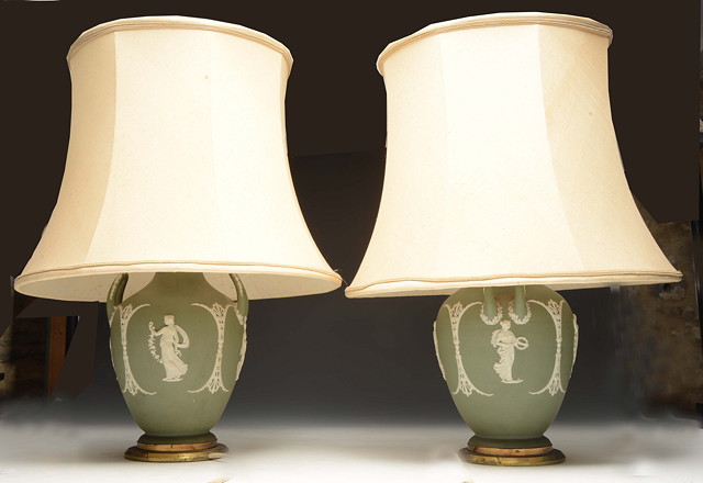 Appraisal: A PAIR OF WEDGWOOD GREEN JASPERWARE TABLE LAMPS of classical