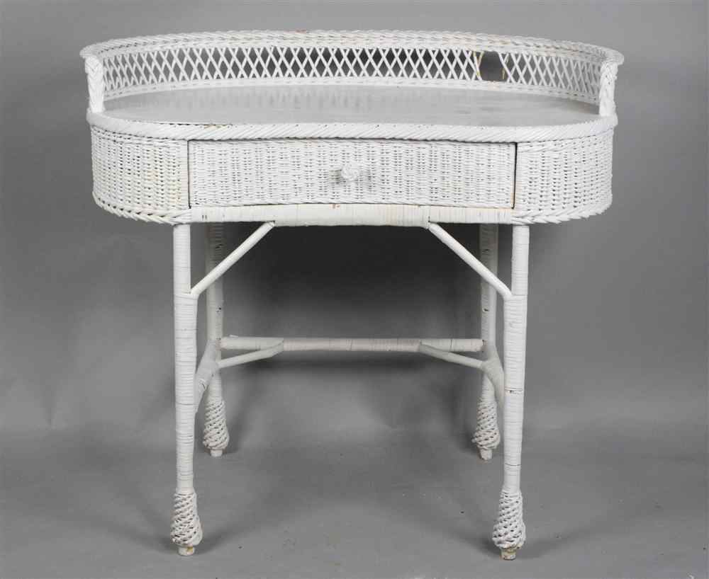 Appraisal: WHITE WICKER KIDNEY SHAPED DESK the painted writing surface with