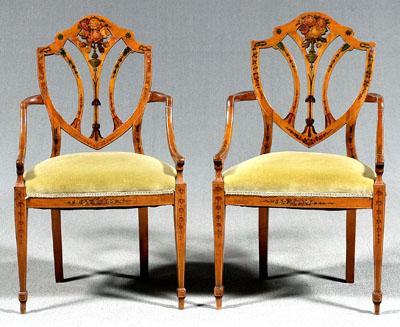 Appraisal: Pair Adam style shield-back armchairs satinwood with painted floral decoration