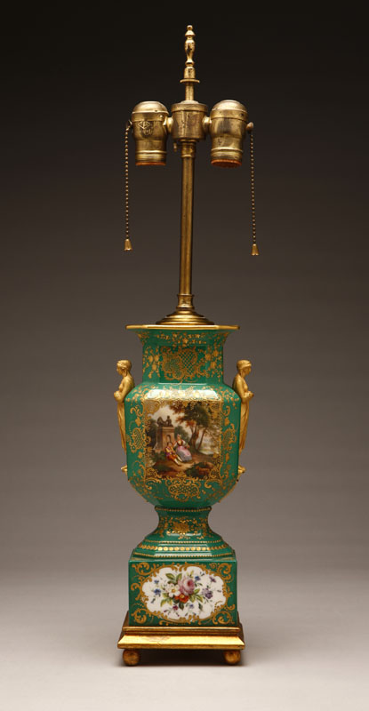 Appraisal: A Paris porcelain parcel gilt green ground vasiform lamp A