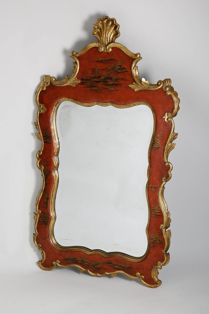 Appraisal: Red Chinese Chinoiserie Mirror Red Chinese Chinoiserie Mirror landscape and