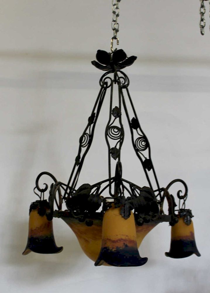 Appraisal: Antique Art Glass Patinated Metal Chandelier Apparently unsigned and from