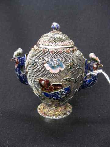 Appraisal: Chinese Enameled Sterling Cricket Cage urn form bird handles floral