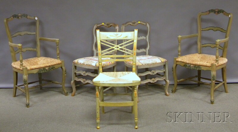 Appraisal: Four French Provincial-style Paint-decorated Dining Chairs and a Paint-decorated Fancy