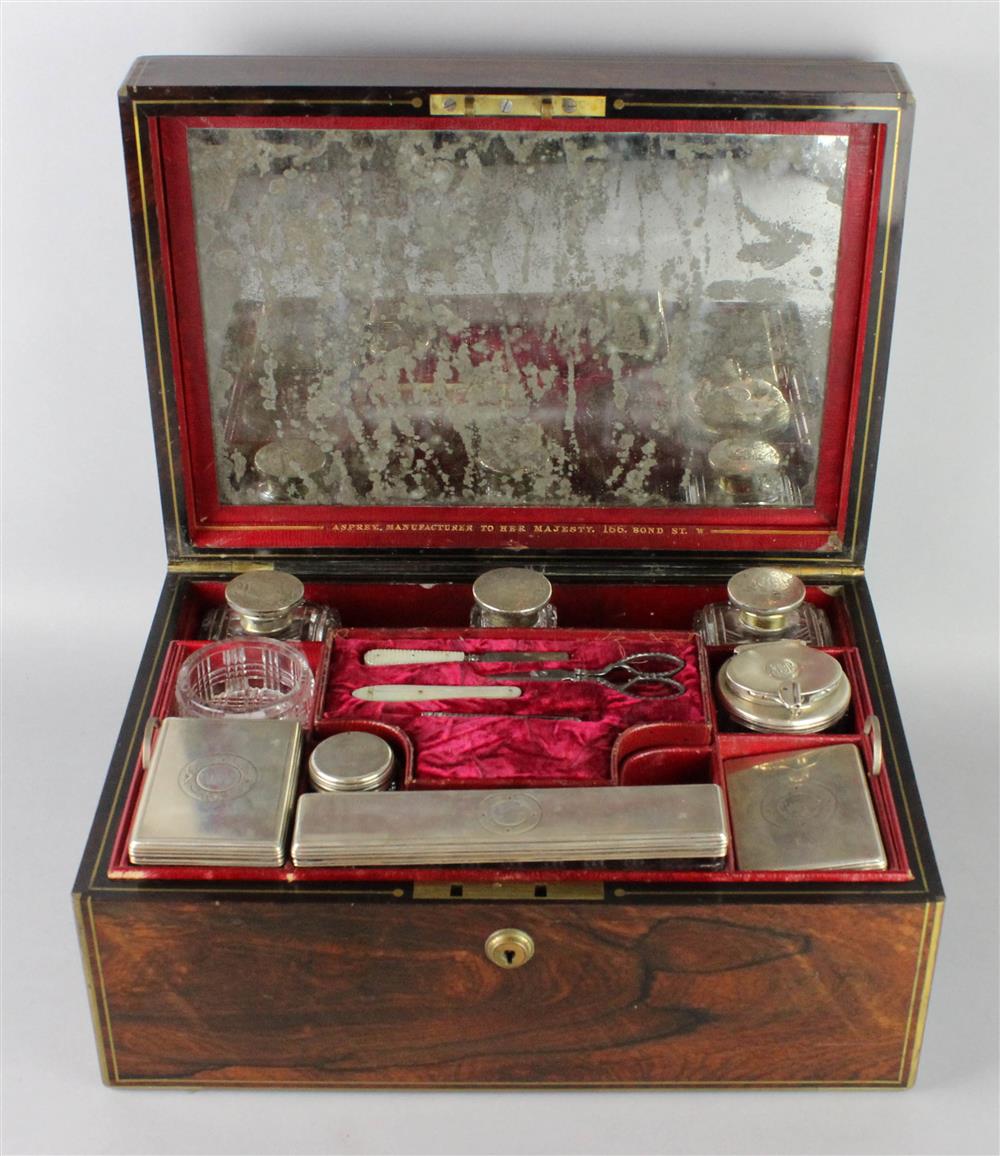 Appraisal: ASPREY VICTORIAN ROSEWOOD DRESSING BOX the rectangular box highlighted with