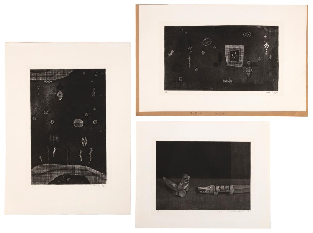 Appraisal: THREE CONTEMPORARY JAPANESE BLACK AND WHITE ETCHINGS - Abstracts by