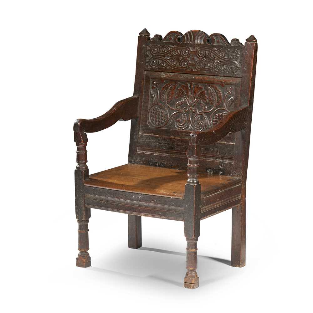 Appraisal: CARVED OAK ARMCHAIR LANCASHIRE OR NORTH YORKSHIRE TH CENTURY the