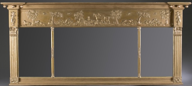 Appraisal: th c Gilt Frame Hall Mirror Crest decorated with farm