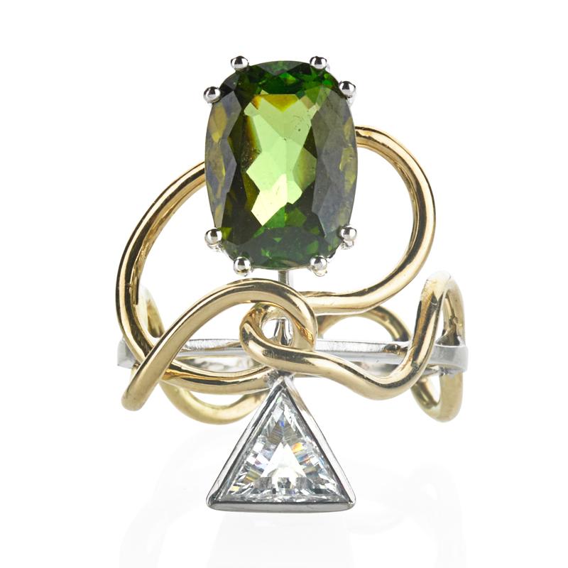 Appraisal: MAISON CIRIO BICOLOR TOURMALINE DIAMOND RING Triangular diamond approx ct