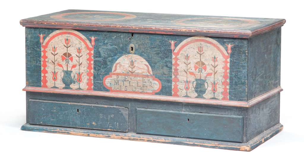 Appraisal: PENNSYLVANIA DECORATED BLANKET CHEST Early th century pine Dovetailed case