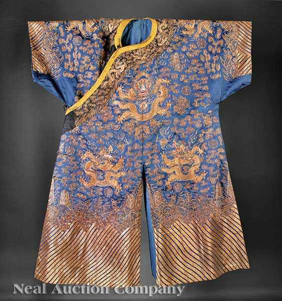 Appraisal: A Chinese Embroidered Blue Silk Dragon Robe Qing Dynasty th