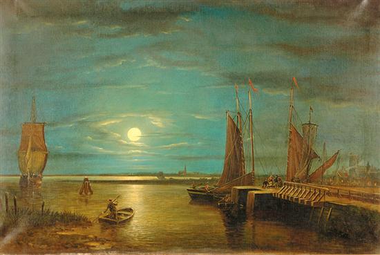 Appraisal: Henry Pettier DOCKS IN MOONLIGHT oil on canvas framed bearing