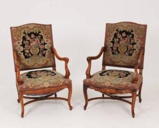 Appraisal: PAIR OF LOUIS XV STYLE NEEDLEPOINT FAUTEUILS PAIR OF LOUIS