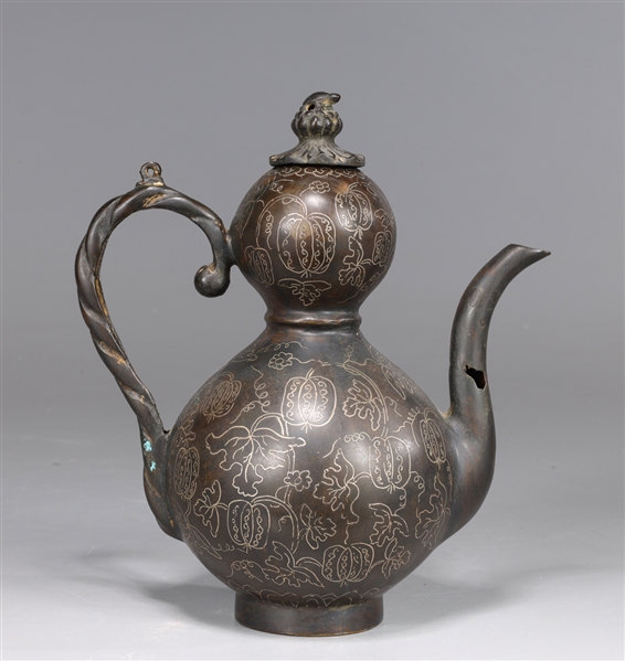 Appraisal: Korean inlaid bronze ewer of double gourd form and twisted