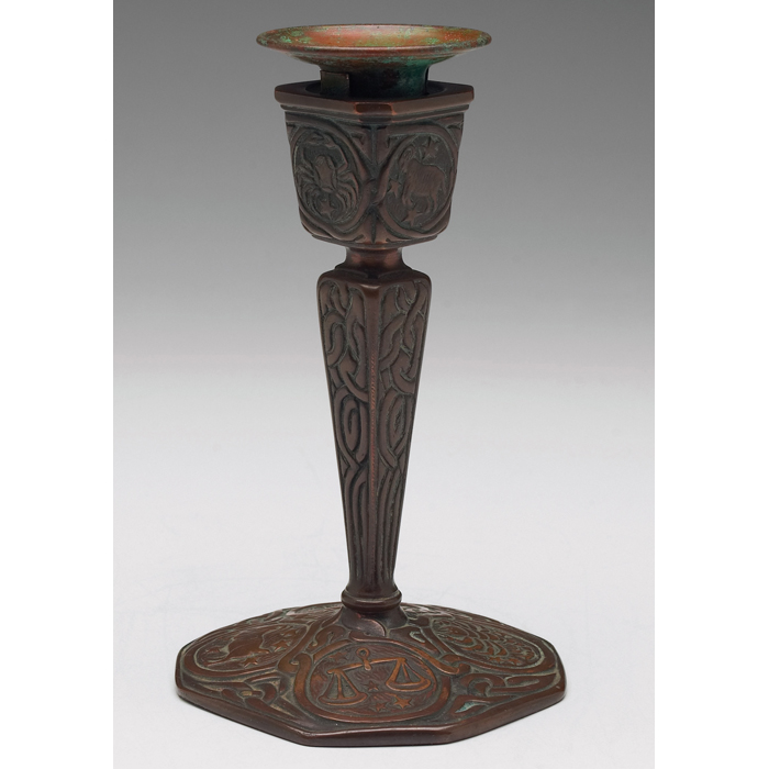 Appraisal: Tiffany Studios candlestick bronze in the Zodiac pattern excellent original