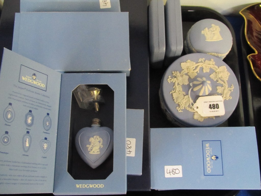 Appraisal: Six Wedgwood blue jasperware perfume bottles other Wedgwood and a