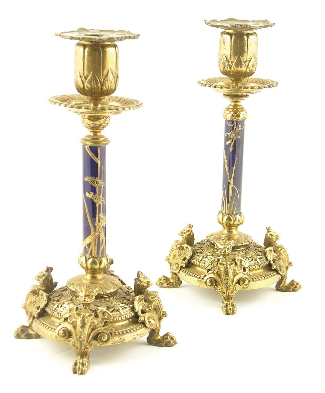 Appraisal: A pair of late Victorian gilt brass and porcelain mounted