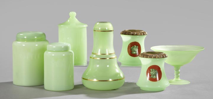 Appraisal: Seven-Piece Collection of French Green Glass Items comprised of a