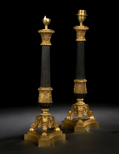 Appraisal: Large Pair of French Gilt-Lacquered and Black-Patinated Brass Tripodal Columnar