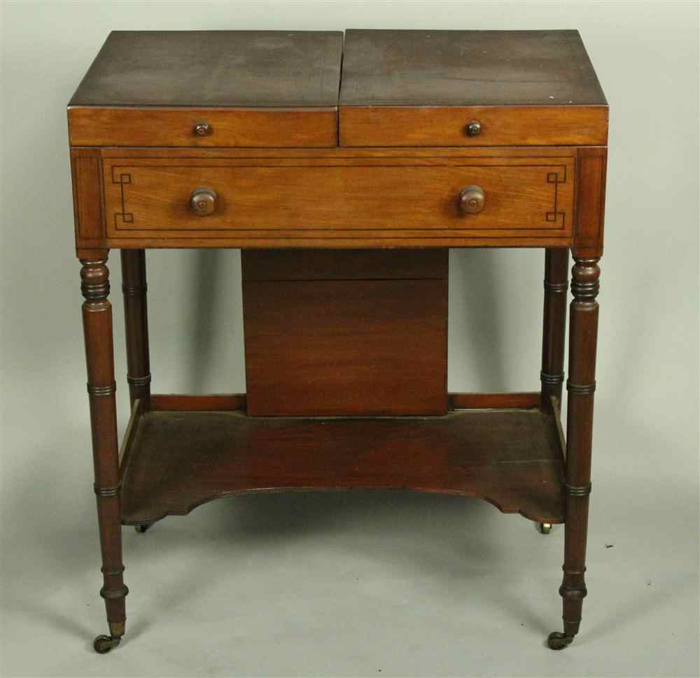 Appraisal: REGENCY STRING INLAID MAHOGANY DRESSING TABLE with rectangular top hinged