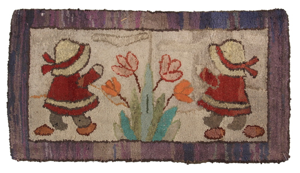 Appraisal: HOOKED RUG - x - Two Sunbonnet Girls probably a