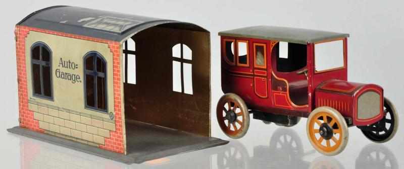 Appraisal: Tin Litho Bing Garage Wind-Up Automobile Toy German Garage marked