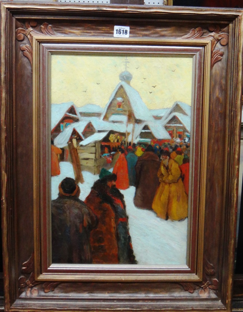 Appraisal: Manner of Andrei Petrovich Riabushkin Village scene after church oil