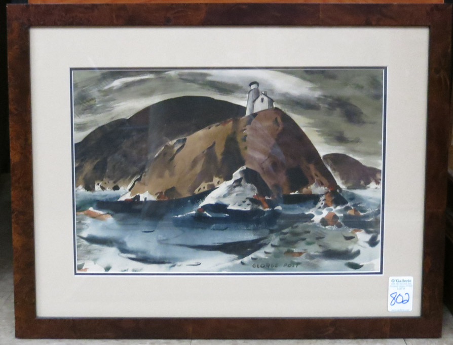 Appraisal: GEORGE BOOTH POST - California WATERCOLOR Seascape with Lighthouse Paper