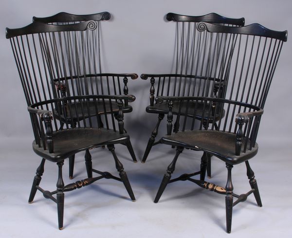 Appraisal: Group of four Windsor arm chairs painted black h x