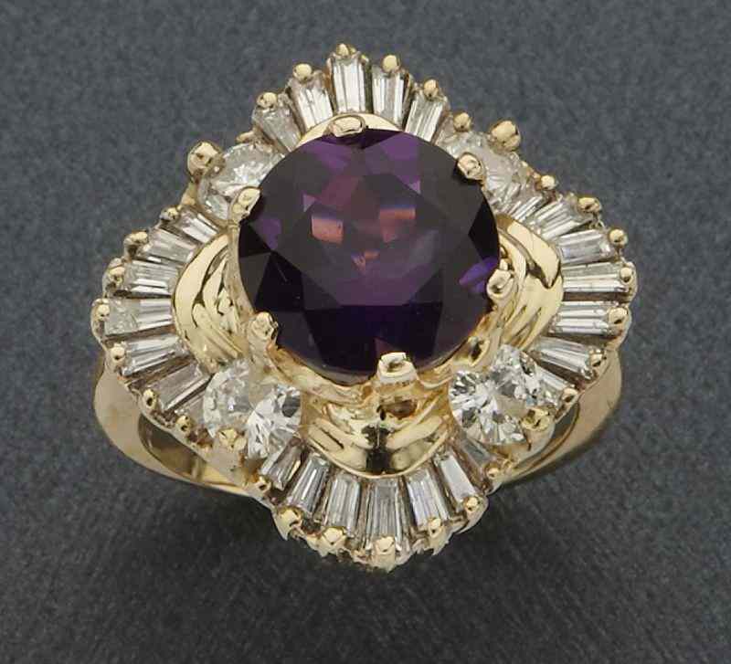 Appraisal: K gold amethyst and diamond dinner ring the central synthetic