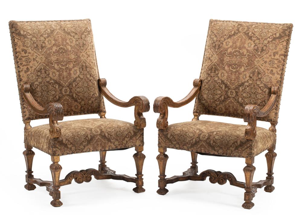 Appraisal: Pair of Antique Louis XIV-Style Painted and Parcel Gilt Fauteuils