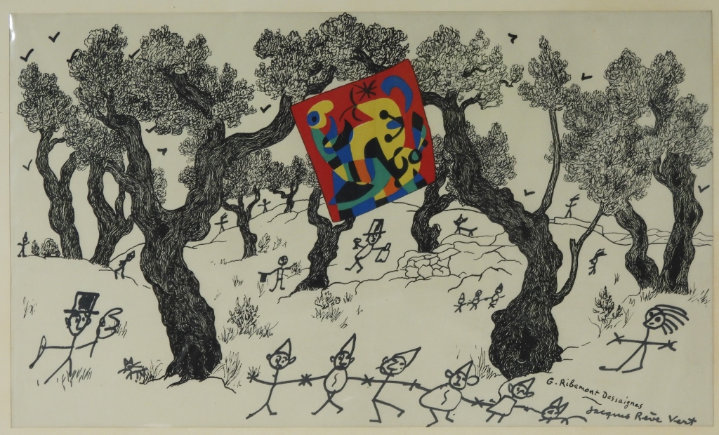 Appraisal: JOAN MIRO SURREAL FIGURE LANDSCAPE LITHOGRAPH Spain - Depicts highly