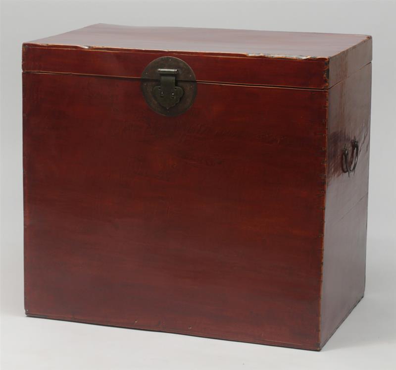 Appraisal: Chinese Metal-Mounted Brown Lacquer Trunk x x in Estimate -