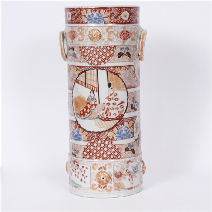 Appraisal: Japanese hand painted Imari cylinder vase with applied ring handles