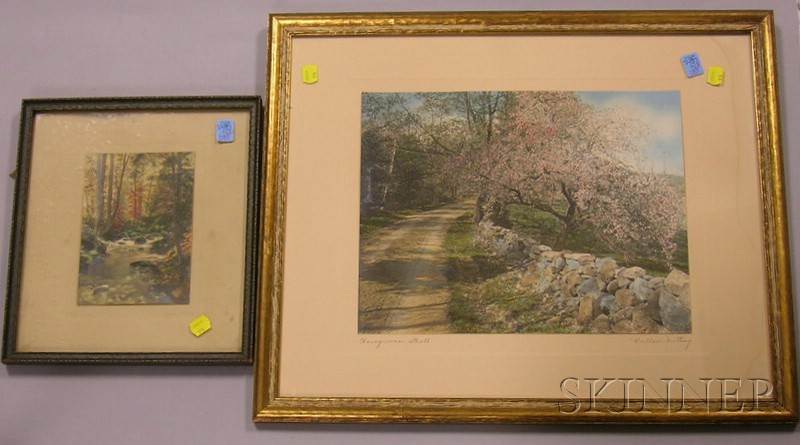 Appraisal: Two Framed Hand-colored Landscape Photographs and a Walnut Framed Mirror