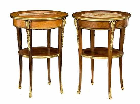 Appraisal: Pair Louis XV style bronze mounted inlaid mixed wood gueridons