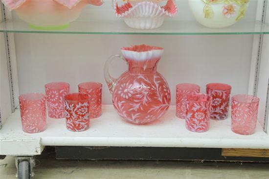 Appraisal: ART GLASS WATER SET Cranberry opalescent Daisy and Fern pattern