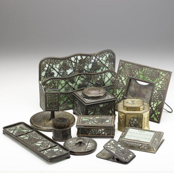 Appraisal: TIFFANY STUDIOSEleven desk pieces most in the Grapevine Pattern letterholder