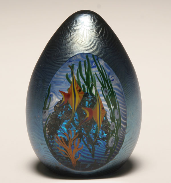 Appraisal: Zellique Studio blue iridescent glass paperweight centering two angelfish H