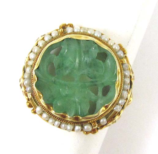 Appraisal: JADE SEED PEARL AND YELLOW GOLD RING The k gold